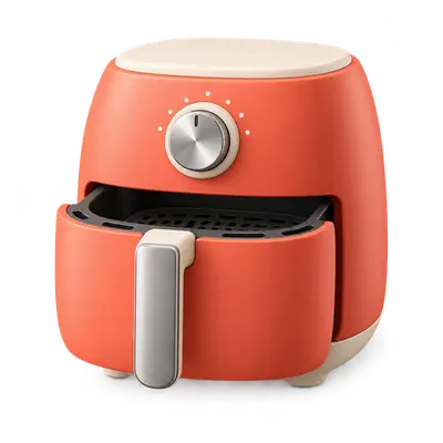 Icône 3D d'un airfryer orange à tiroir ouvert