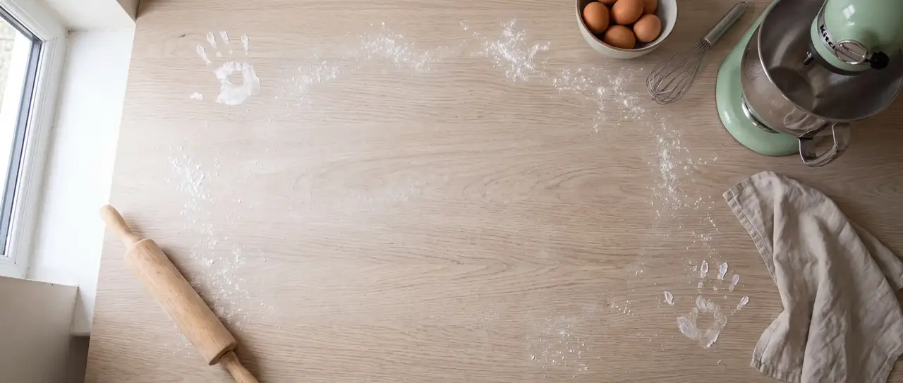 Plan de travail en bois clair fariné vu de dessus, avec rouleau à pâtisserie, bol d'œufs, fouet et robot pâtissier vert pistache